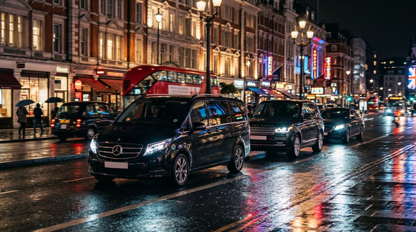 Convoy of black Mercedes executive vehicles driving in Birmingham at night